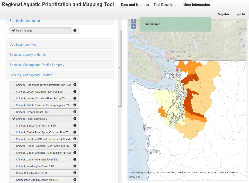 Screenshot of Regional Aquatic Prioritization and Mapping Tool built with Madrona